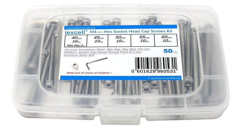 iexcell 50 Pcs M4 x 40/45/50/55/60mm Thread Pitch 0.7 mm Stainless Steel 304 Hex Socket Head Cap Screws Bolts Assortment Kit - Image 1